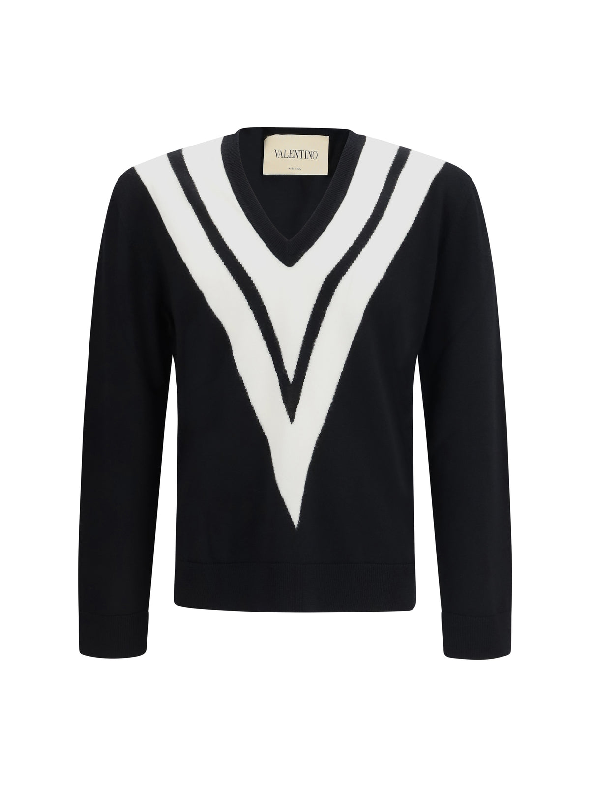Valentino Sweater in virgin wool with intarsia V detail - Black/Burro