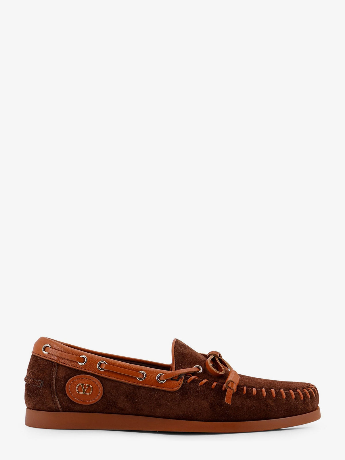 Valentino Garavani Palm Avenue leather and suede boat shoe - Bark Brown Roasted Pecan