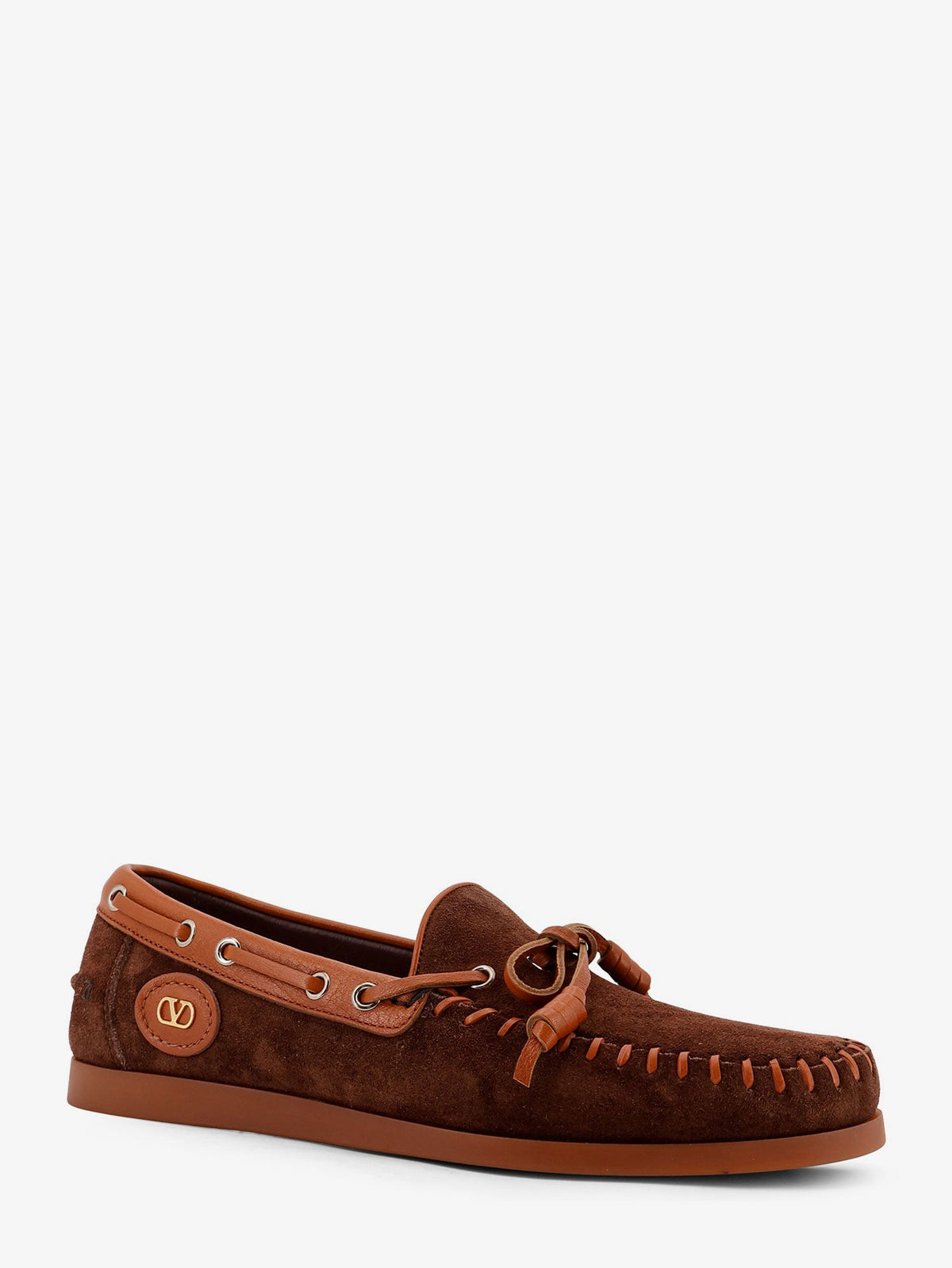 Valentino Garavani Palm Avenue leather and suede boat shoe - Bark Brown Roasted Pecan