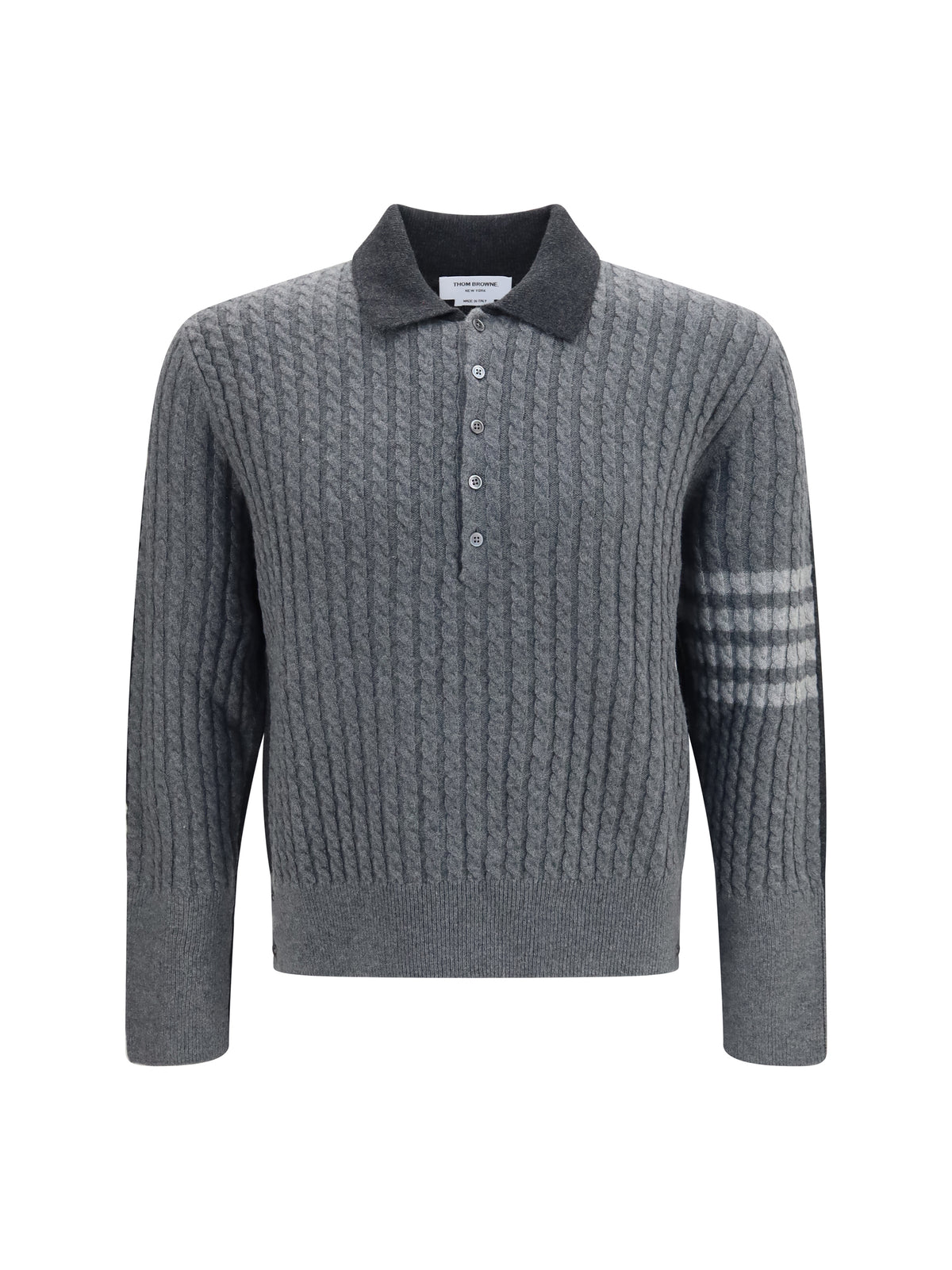 Thom Browne 4-Bar cable-knit long-sleeve Polo Sweater - Tonal Grey