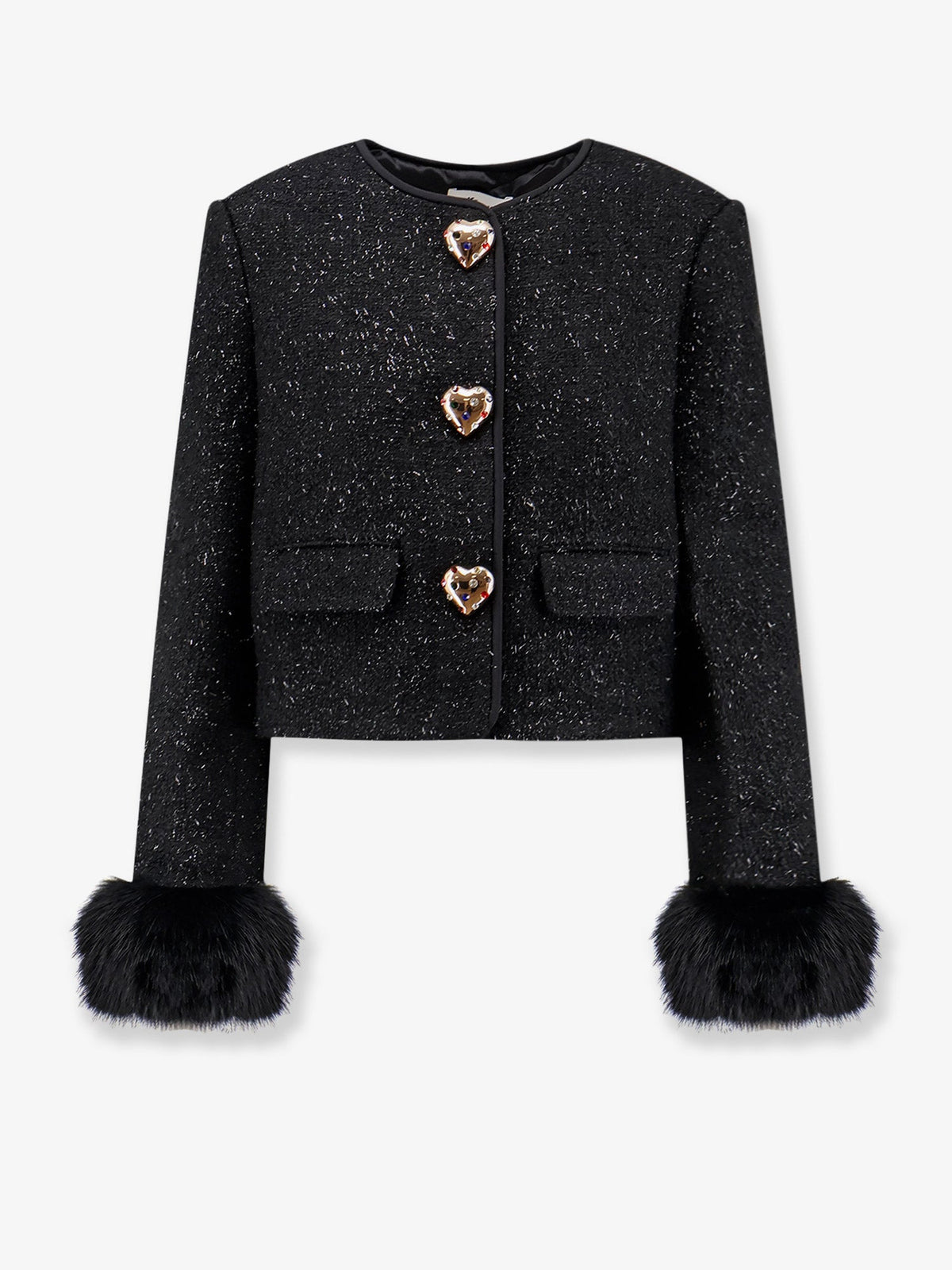 Self-Portrait Cropped wool blend blazer with all-over laminated details - Black