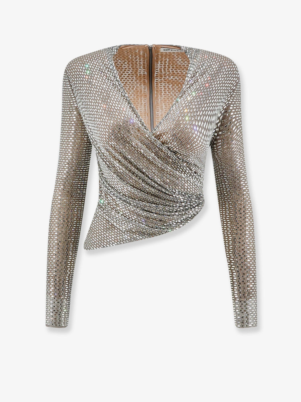 Self-Portrait Mesh top with all-over rhinestones - Grey