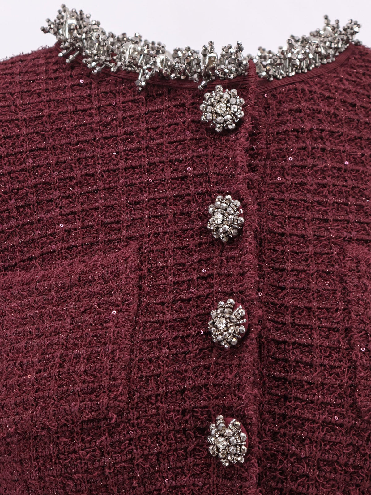 Self-Portrait Knitted bordeaux dress with Jewel details - Burgundy