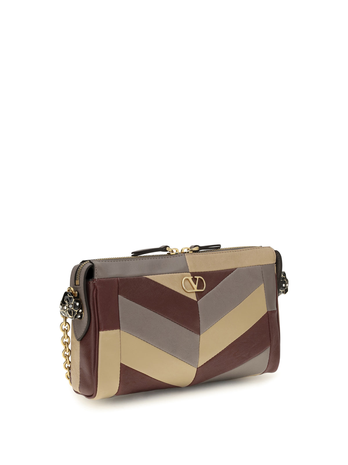 Valentino Small Panthea Chevron nappa Shoulder Bag - Ruby/Warm Grey/Beige Duna