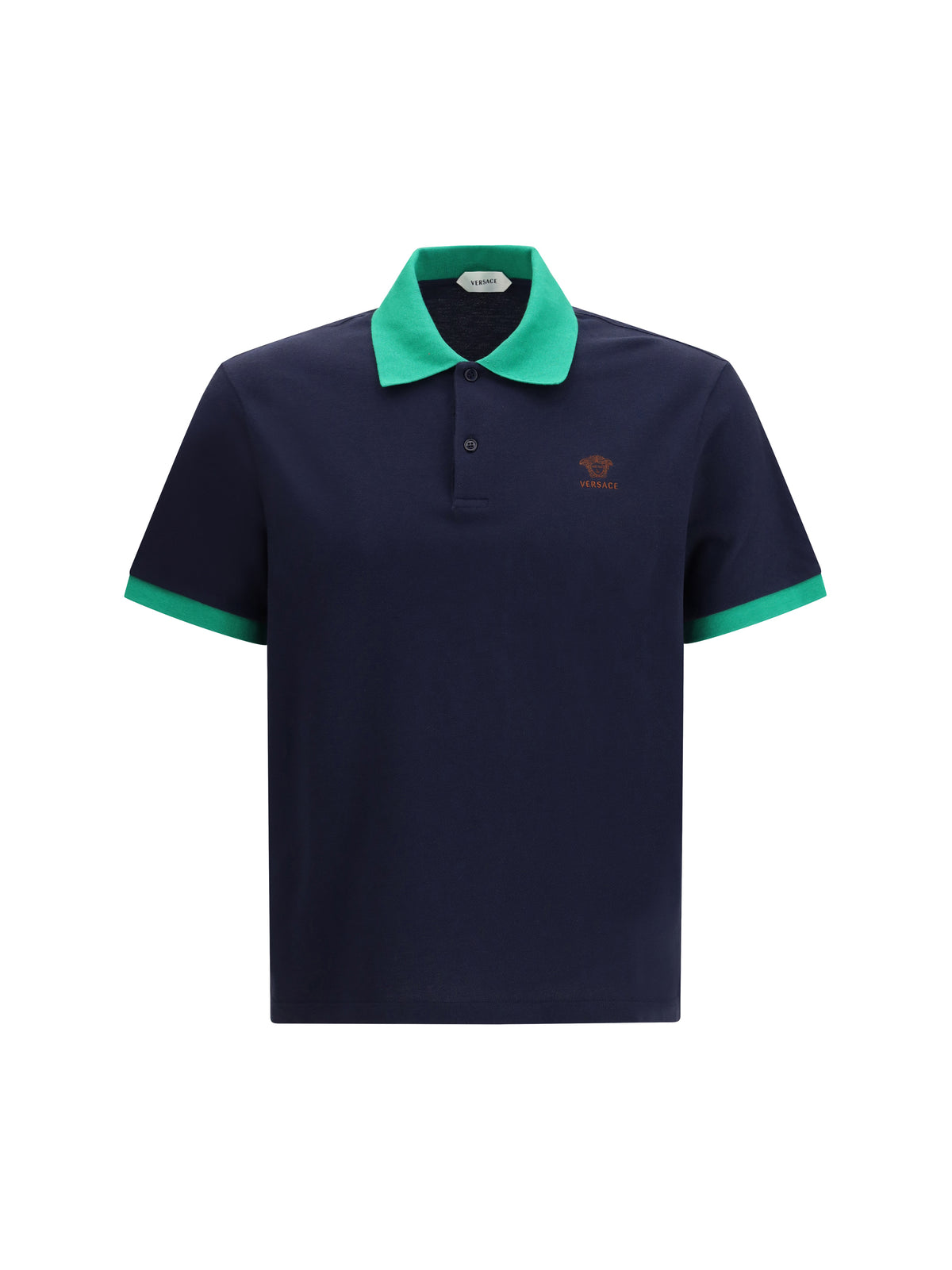 Versace Polo in cotton piqué with embroidery - Dark Navy+Bright Emerald