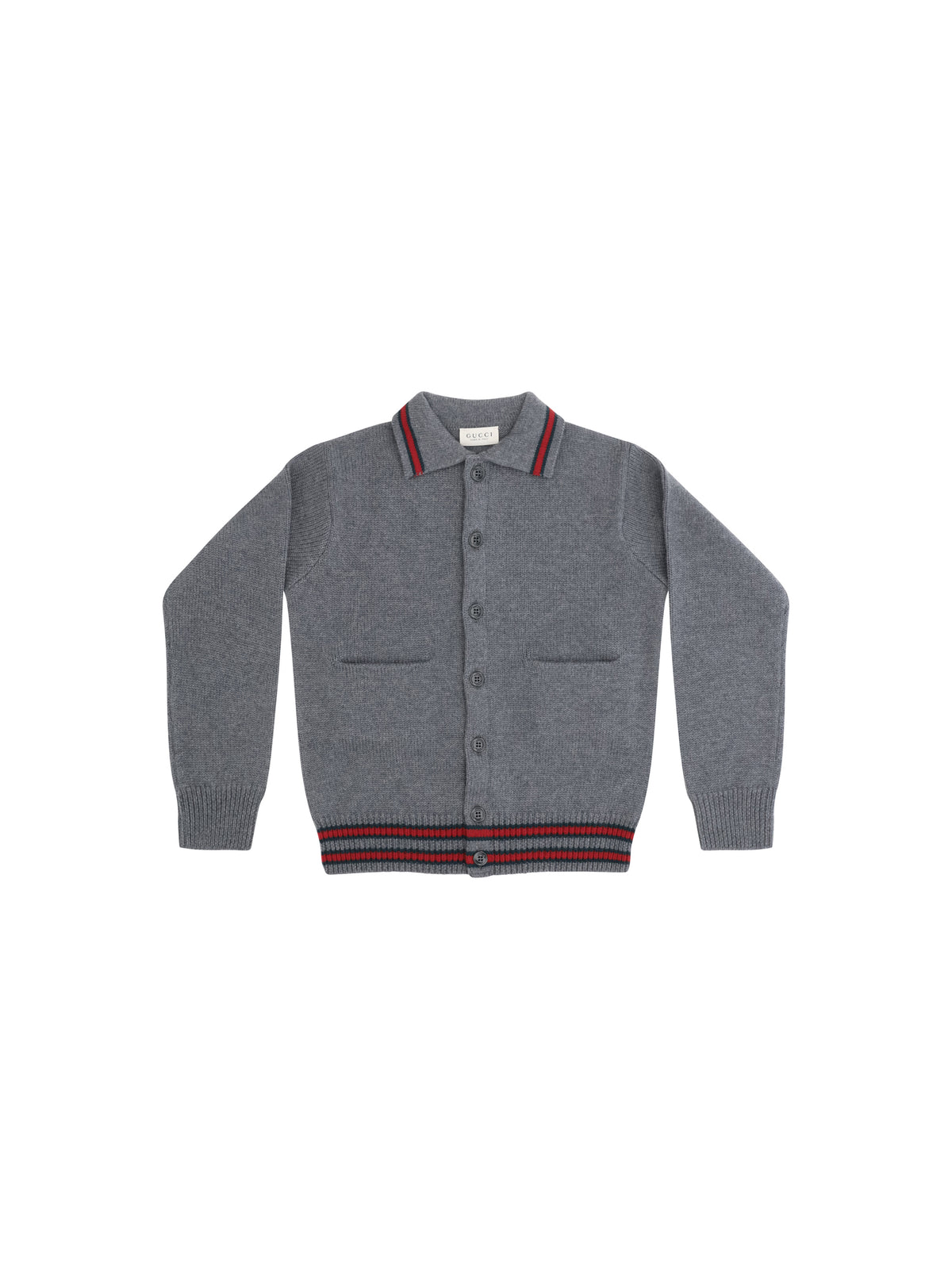 Gucci Wool Polo Cardigan for Girl - Dark Grey/Green/Red