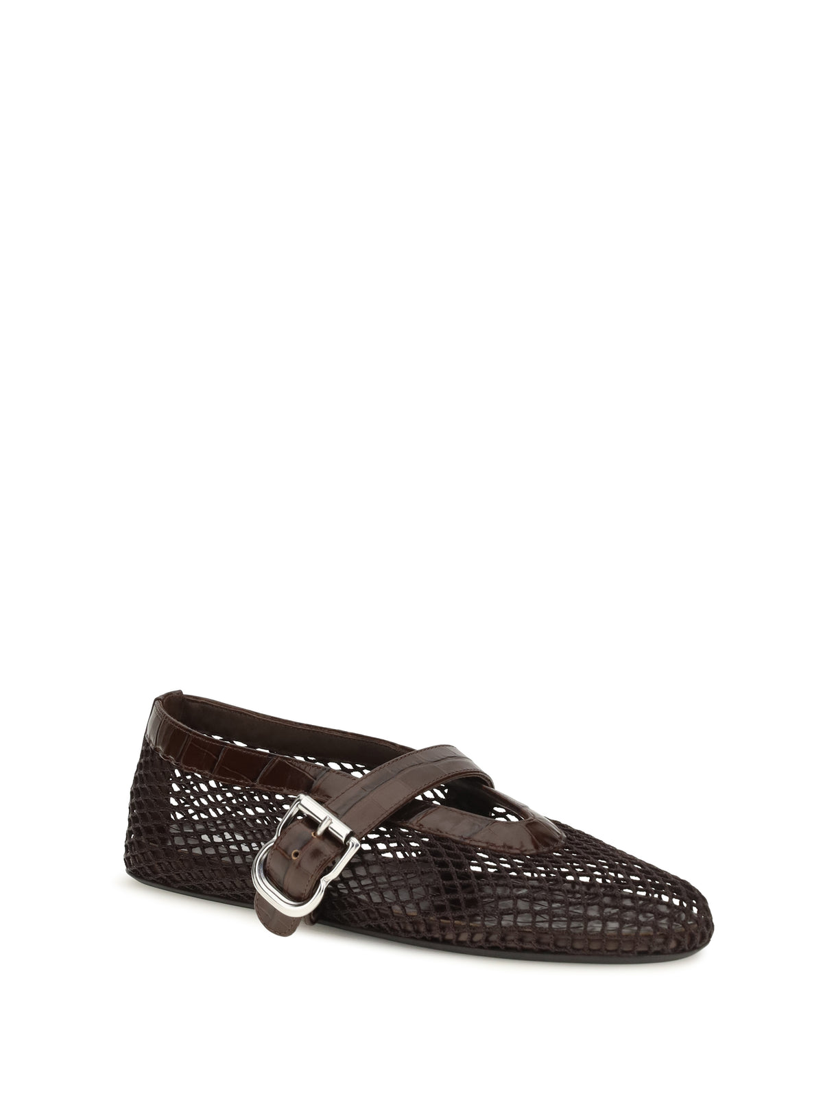 Alaïa Mesh and crocodile-print leather Ballerinas - Marron Fonce