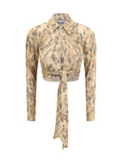 Ganni Printed marl mesh tie Blouse - Burro
