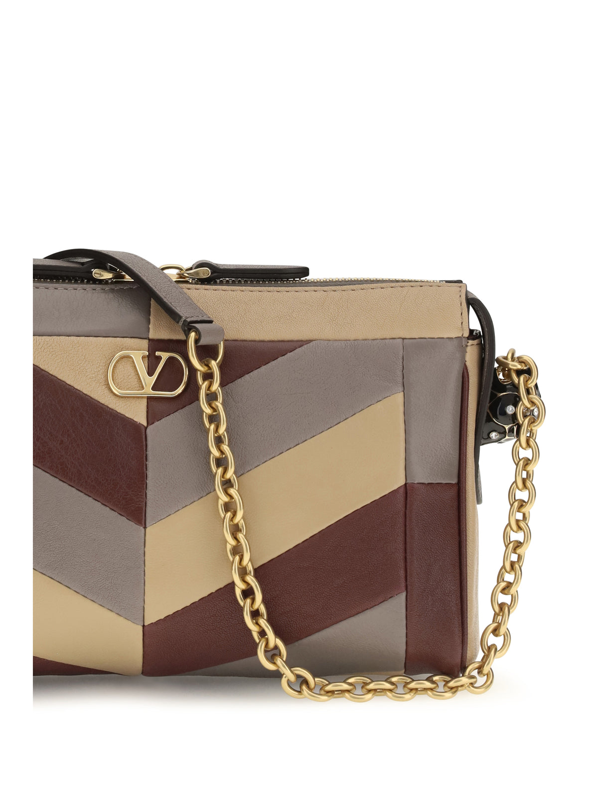 Valentino Small Panthea Chevron nappa Shoulder Bag - Ruby/Warm Grey/Beige Duna