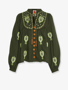 Farm Rio Embroidered puff sleeve lenzing™ ecovero™ euroflax™ shirt - Green