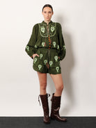 Farm Rio Embroidered puff sleeve lenzing™ ecovero™ euroflax™ shirt - Green