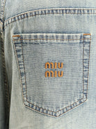 Miu Miu Cotton Jeans with Logo Lettering embroidery - Celeste