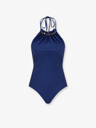 Zimmermann Aster one-piece swimsuit in shiny nylon with bead detail - Darkcobalt