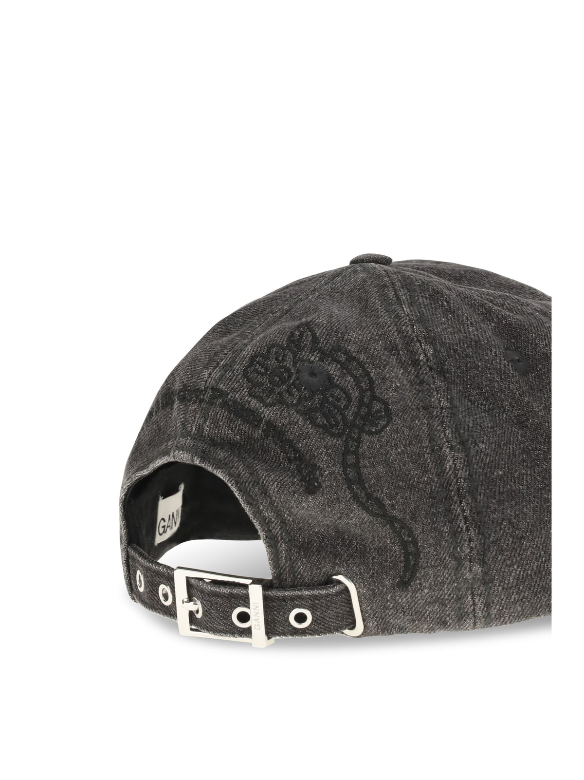 Ganni Baseball Cap in embroidered denim - Black Washed