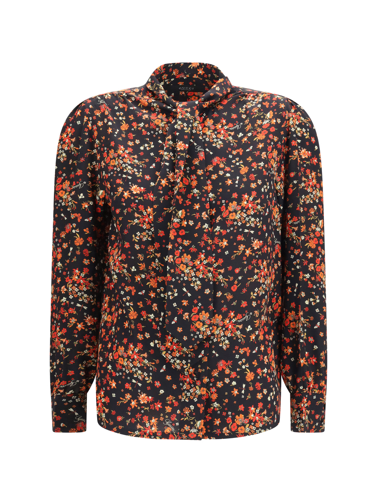 Gucci Silk Flora print Shirt with neck bow - Black/Red/Mc