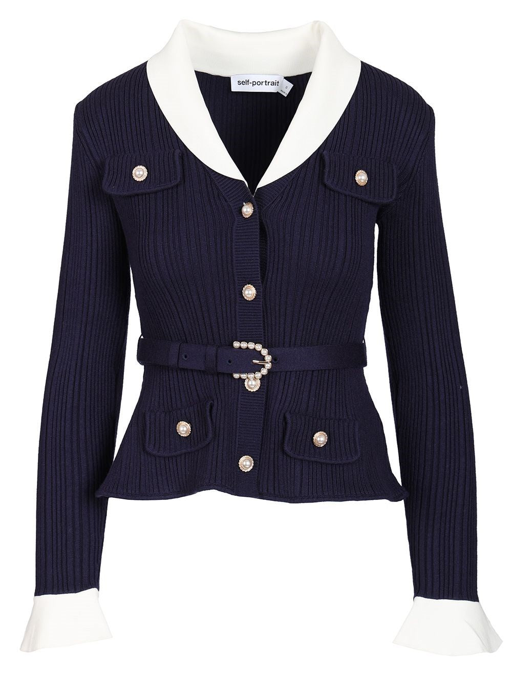 Self-Portrait Ribbed Cardigan - Blue