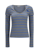 Ganni Ribbed V-neck long-sleeve T-shirt - Strong Blue