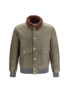 Brunello Cucinelli Waxed shearling Jacket with shearling collar - Militare+Piombo