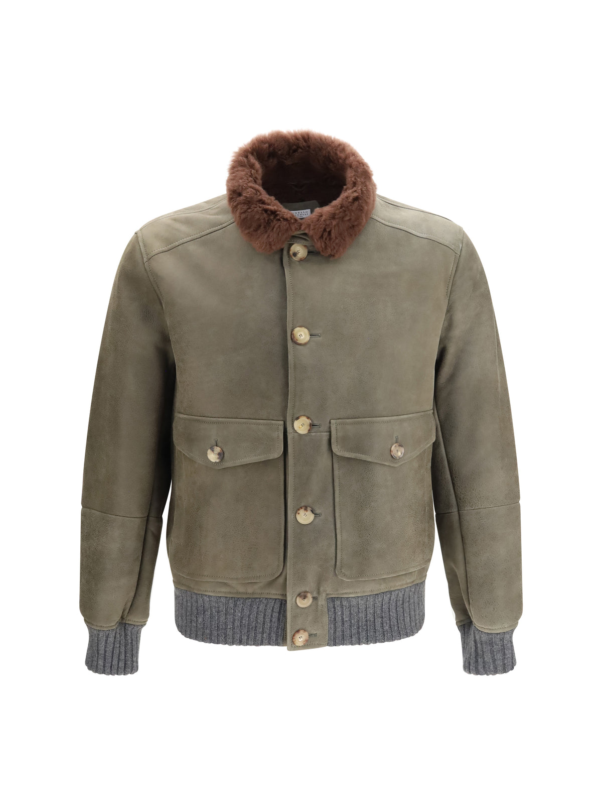 Brunello Cucinelli Waxed shearling Jacket with shearling collar - Militare+Piombo