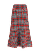 Self-Portrait Check knit midi Skirt with frayed edges - Red