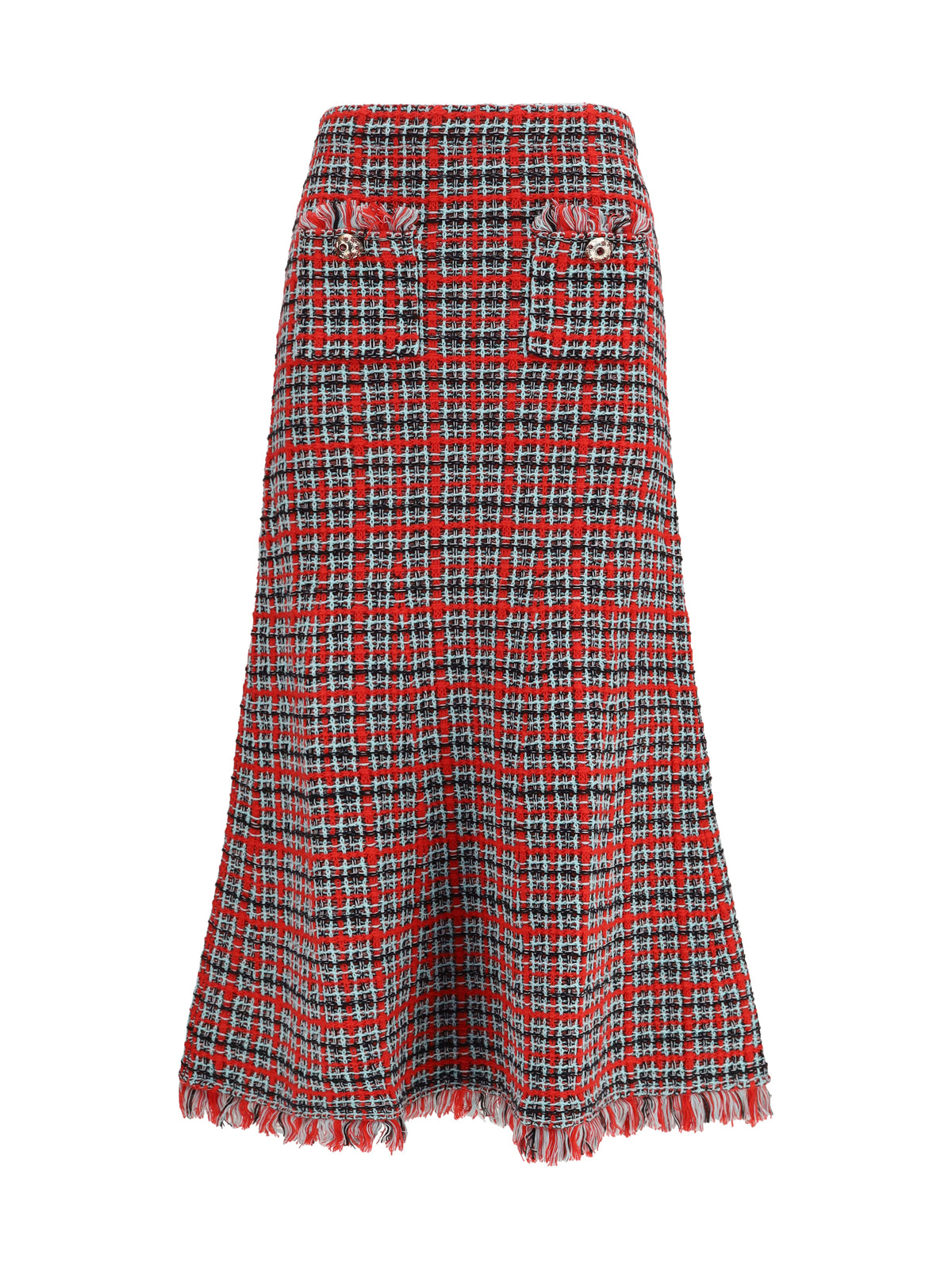 Self-Portrait Check knit midi Skirt with frayed edges - Red