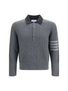 Thom Browne 4-Bar cable-knit long-sleeve Polo Sweater - Tonal Grey