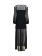 Forte_forte Georgette and crêpe Long Dress with bow and tassels - Black