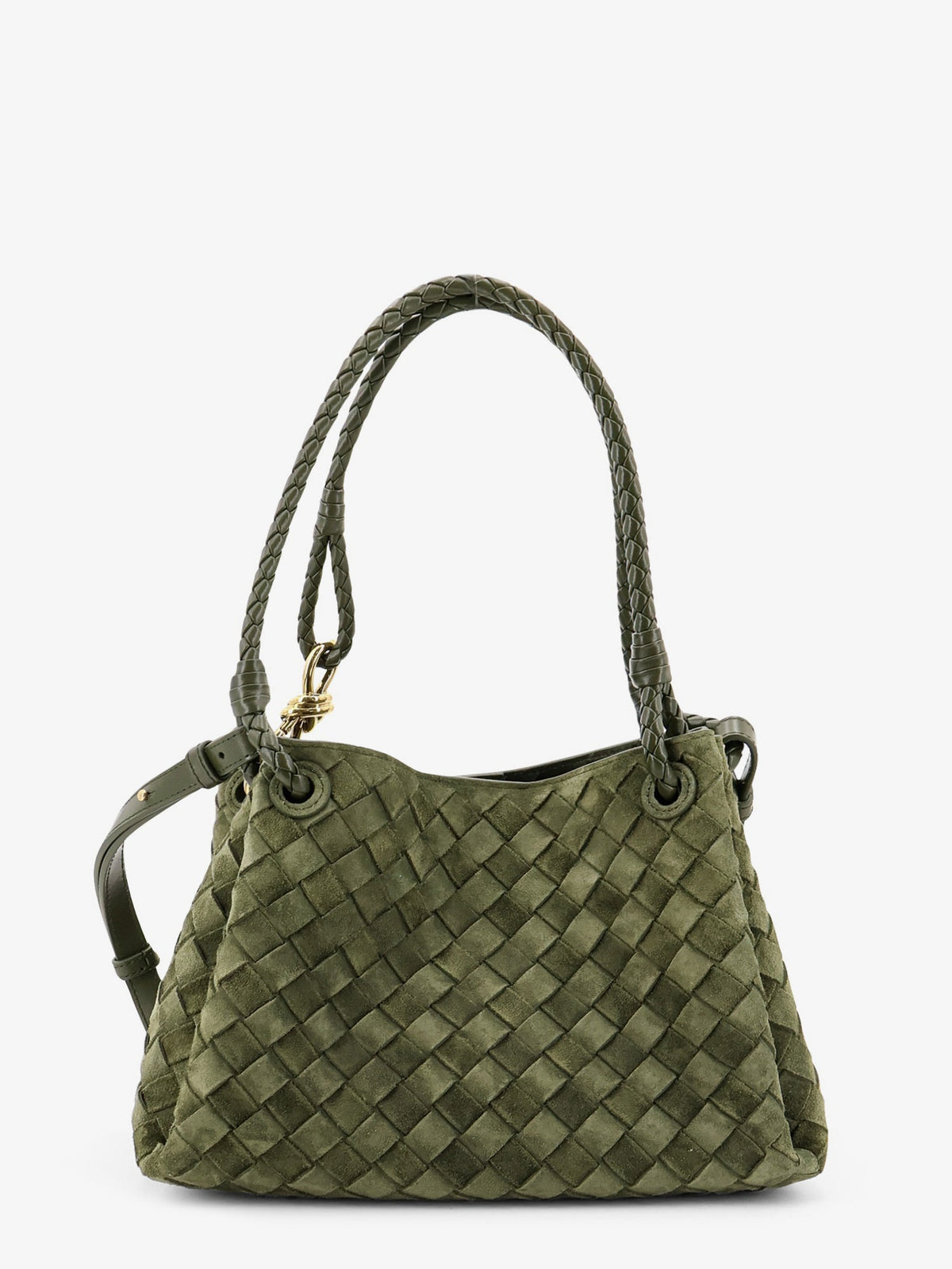 Bottega Veneta Parachute suede shoulder bag with Intrecciato motif - Green Tweed-M Brass