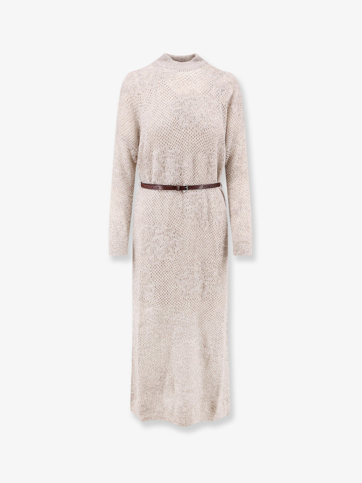 Brunello Cucinelli Mohair and wool blend long dress with all-over dazzling detail - Madreperla