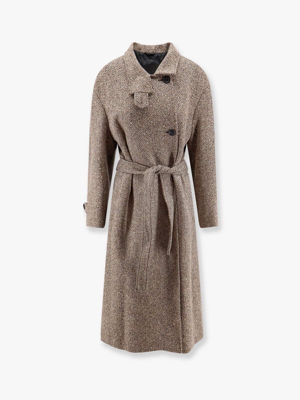 Brunello Cucinelli Herringbone coat with Monili detail - Camel/Nero