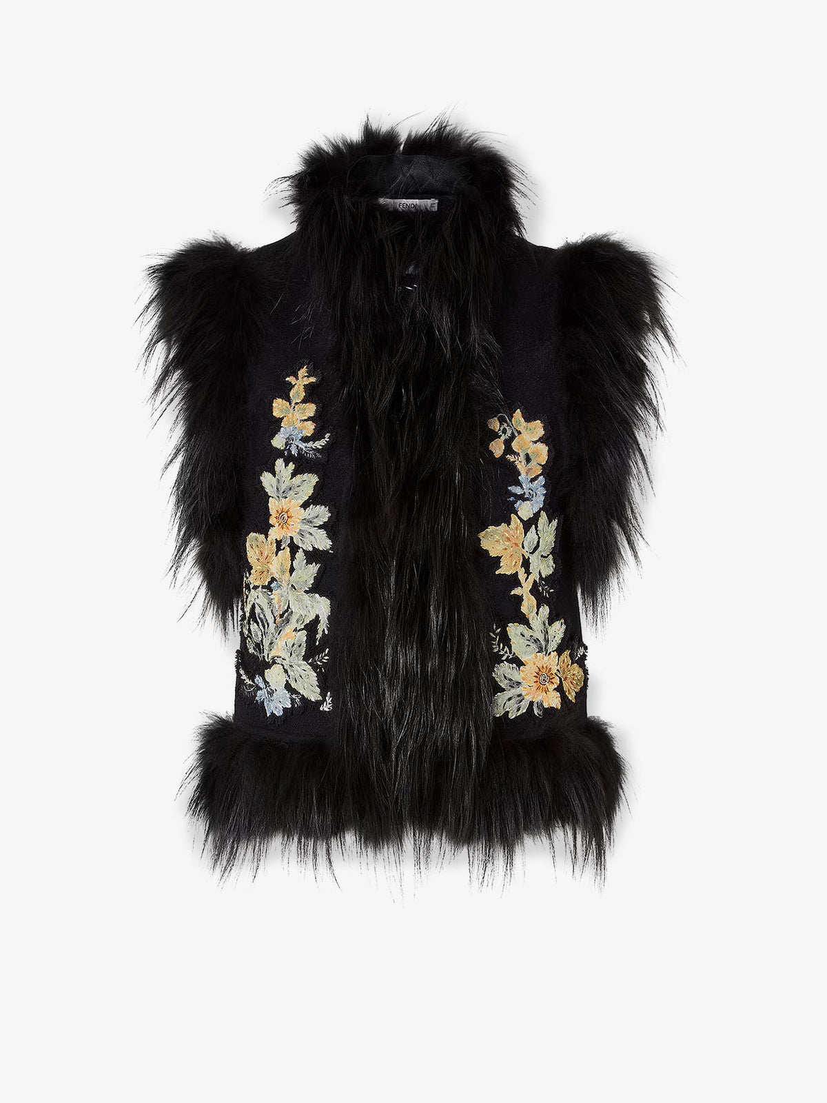 Fendi Wool vest with floral embroidery and fox fur trim - Nero