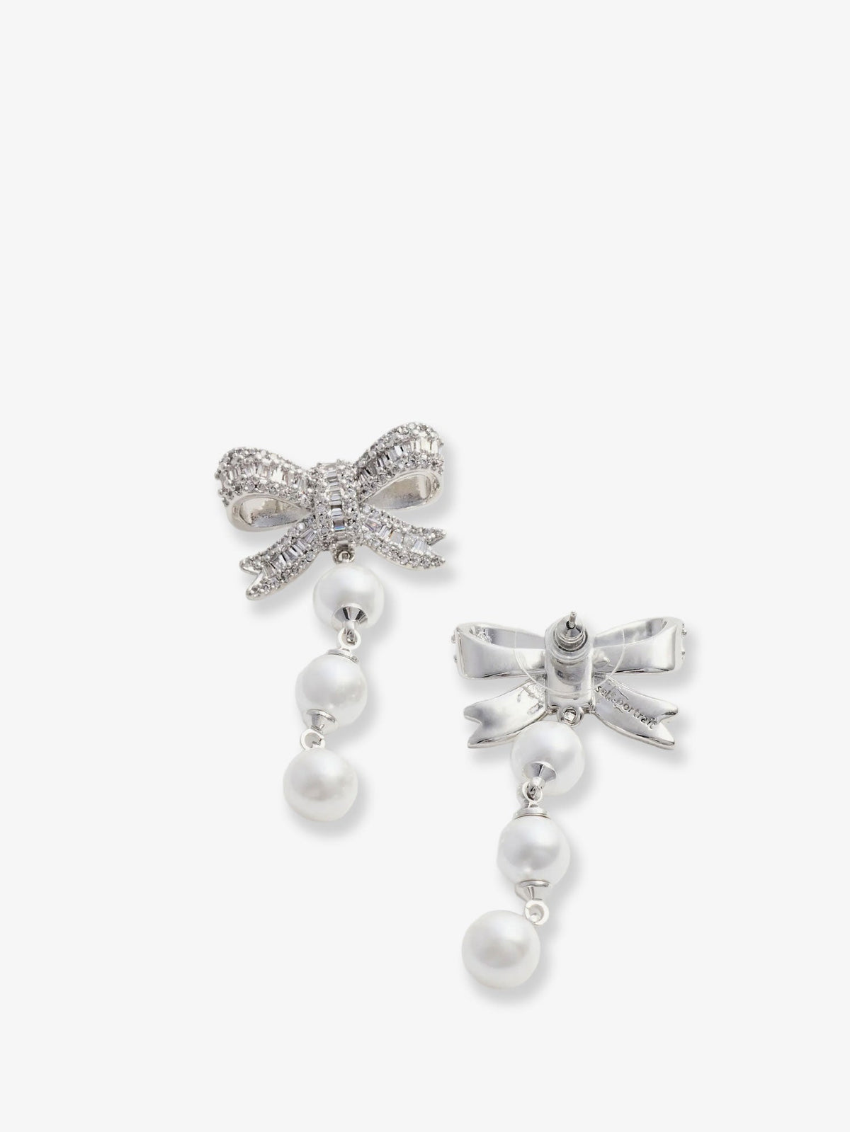 Self-Portrait Crystal Bow Pearl Droplet Earrings - Silver