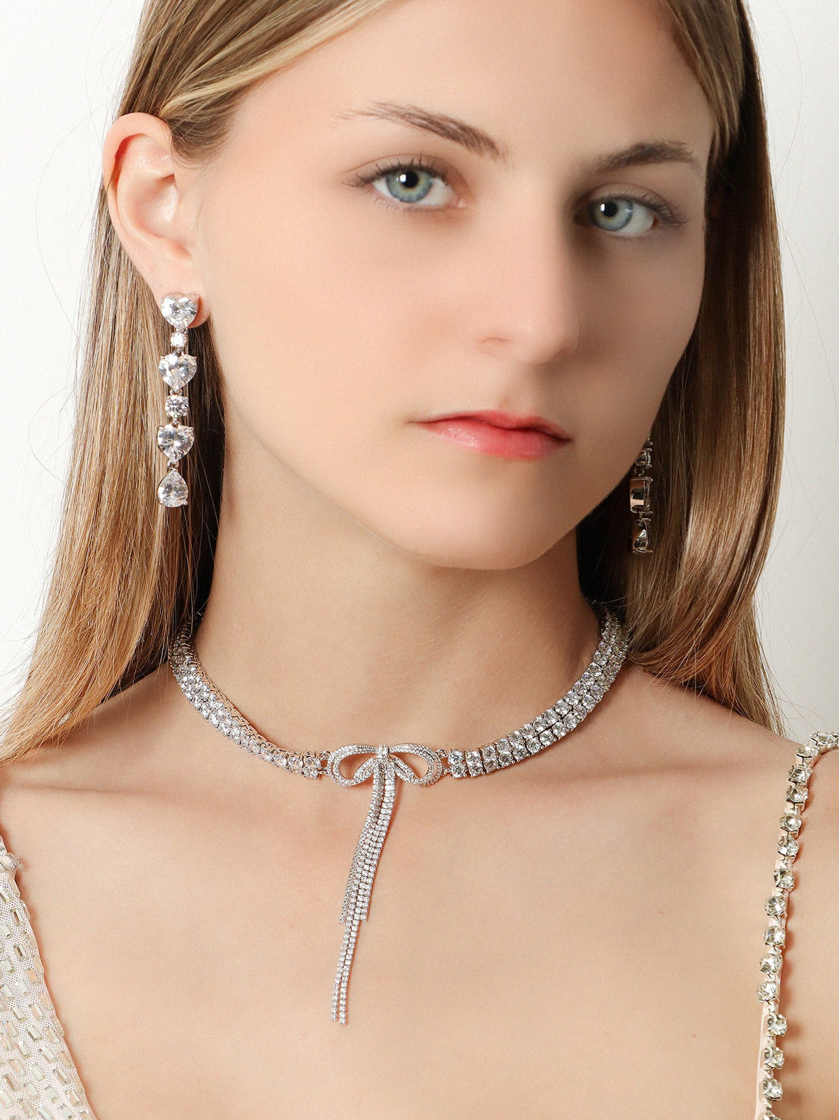 Self-Portrait Double Crystal Bow Choker - Silver