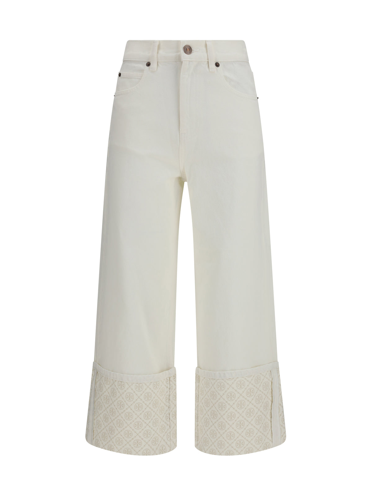 Tory Burch T Monogram Contrast Cuff Straight-Leg Jeans - White