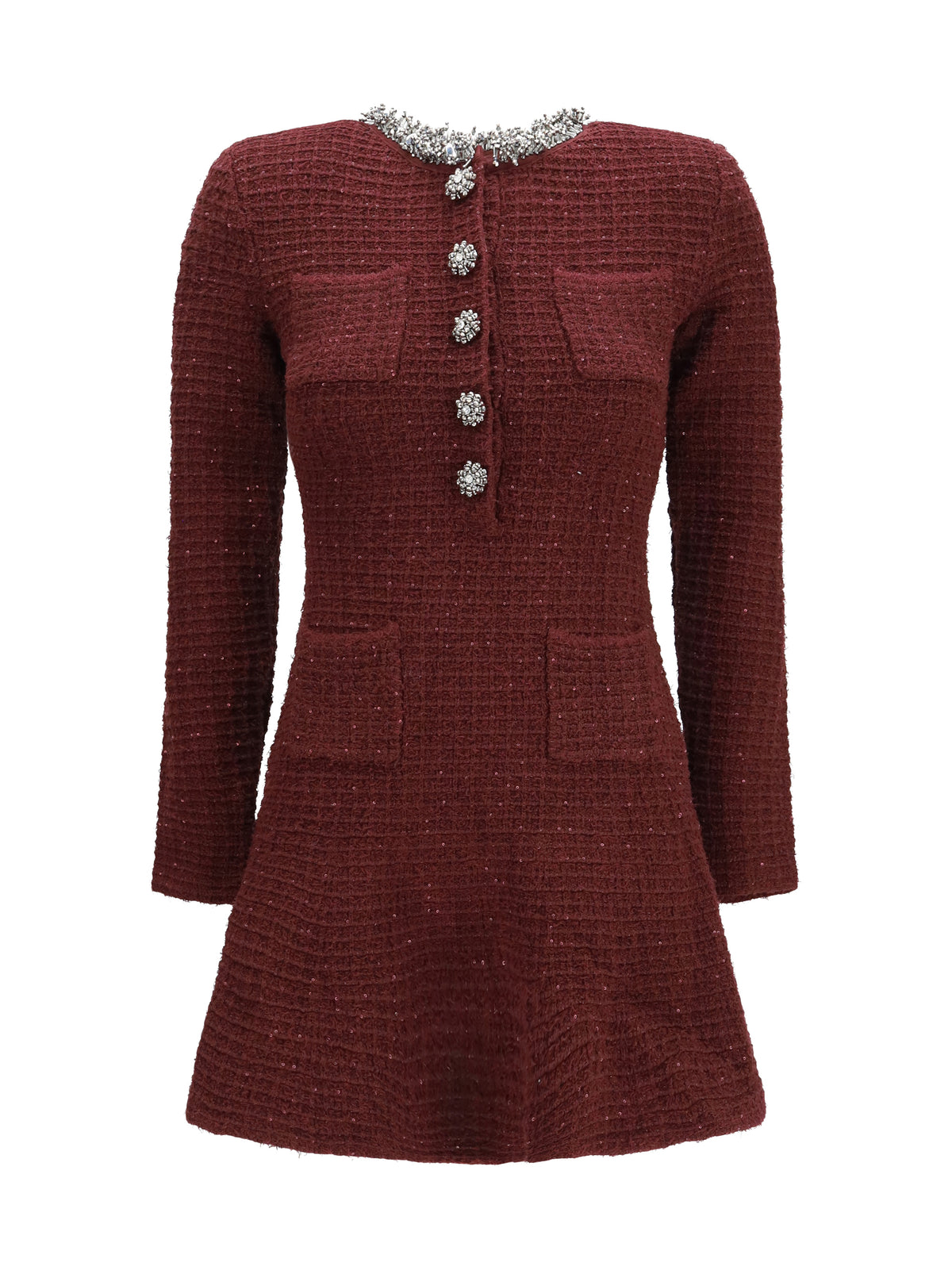 Self-Portrait Textured knit mini Dress with statement buttons - Burgundy