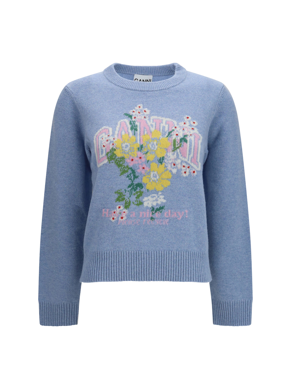 Ganni Flowers wool Sweater - Blue Bonnet