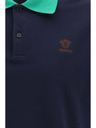 Versace Polo in cotton piqué with embroidery - Dark Navy+Bright Emerald