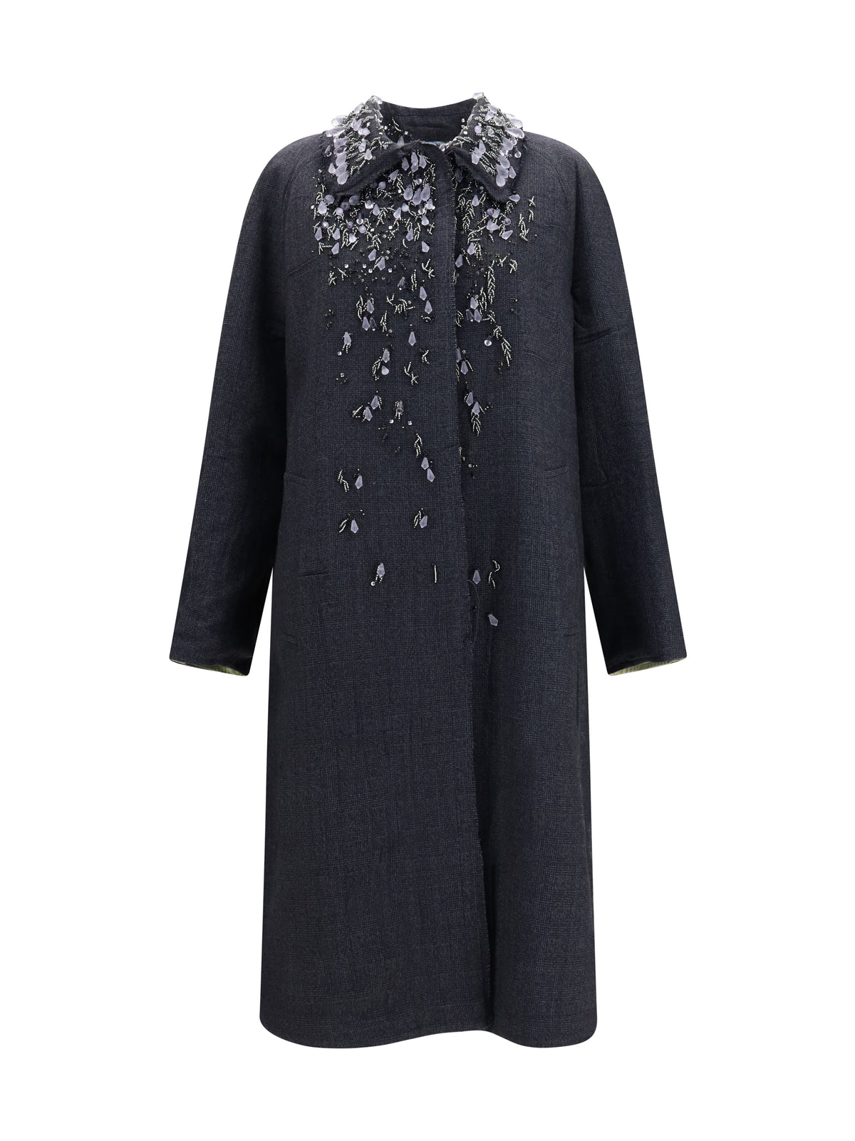 Prada Single-breasted mouliné Prince of Wales and embroidered twill Coat - Nero+Agave