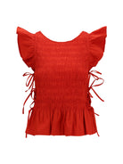 Ganni Ruched cotton Top with side bows - Goji Berry