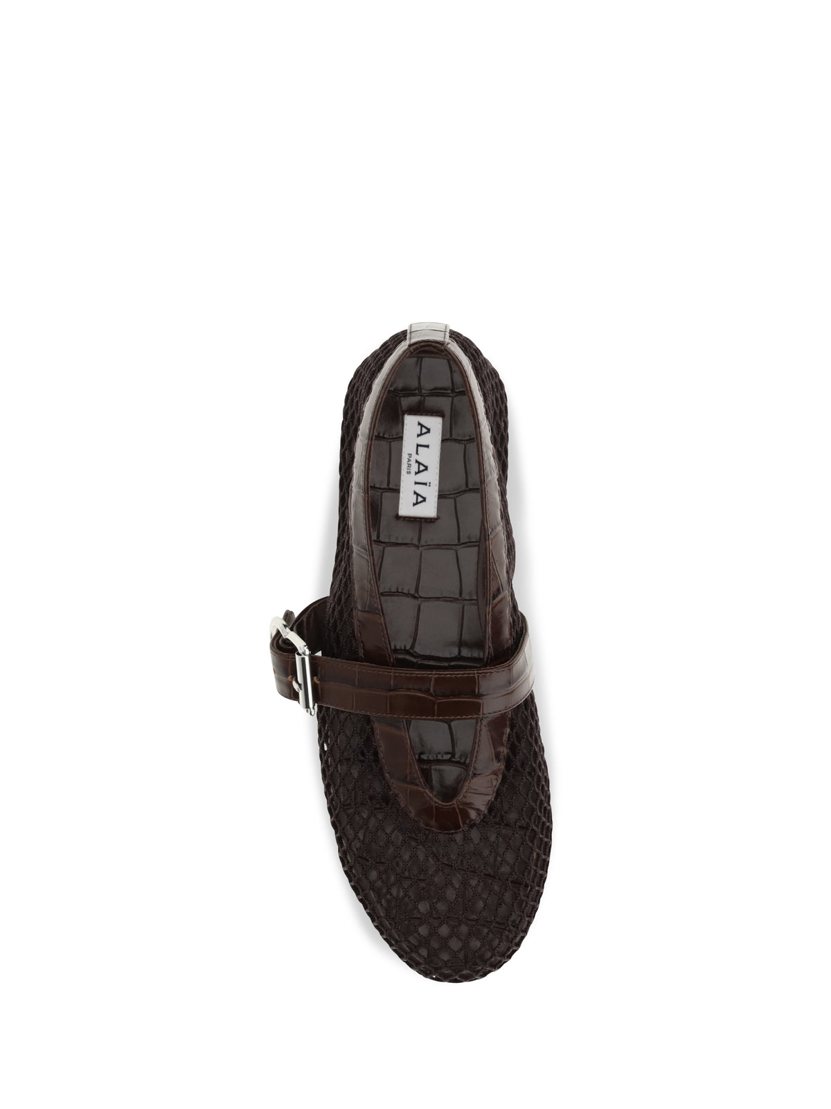 Alaïa Mesh and crocodile-print leather Ballerinas - Marron Fonce