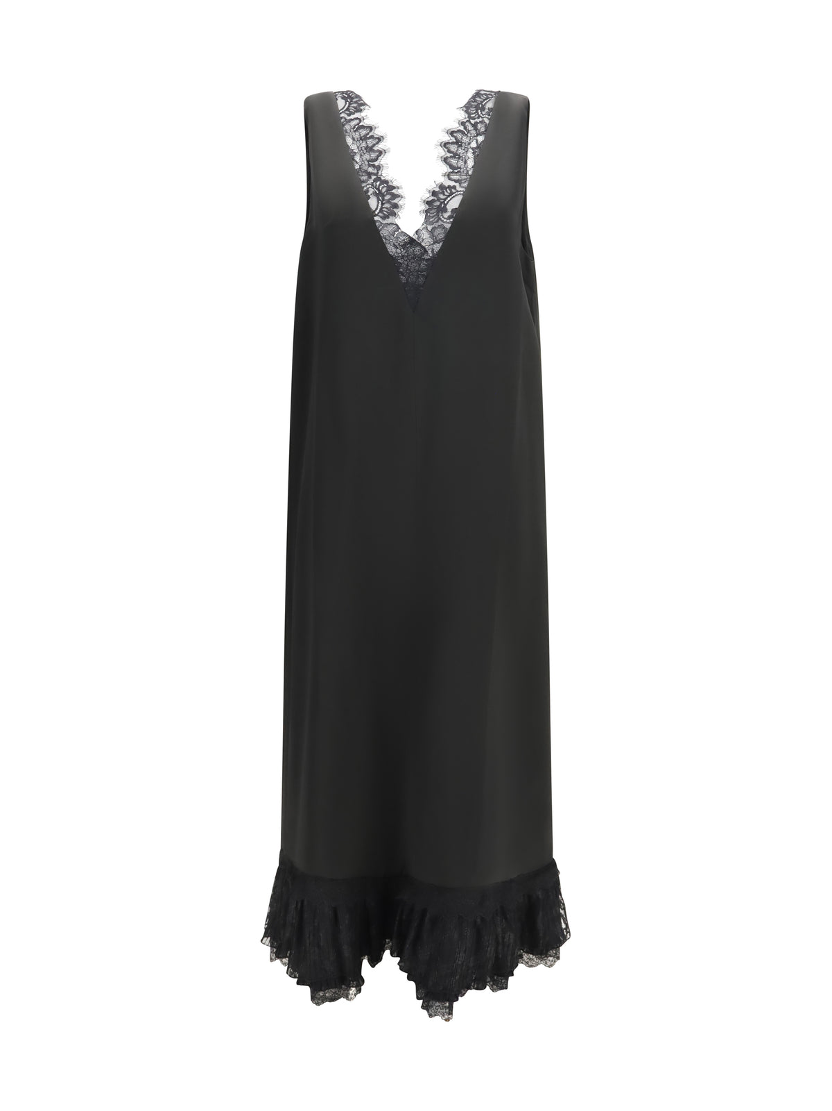 Ganni Lace-trimmed satin long Dress - Black