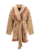 Alanui Icon jacquard Cardigan with belt - Camel/Multi