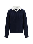 Balenciaga Cotton Sweater with shirt details - Navy/White