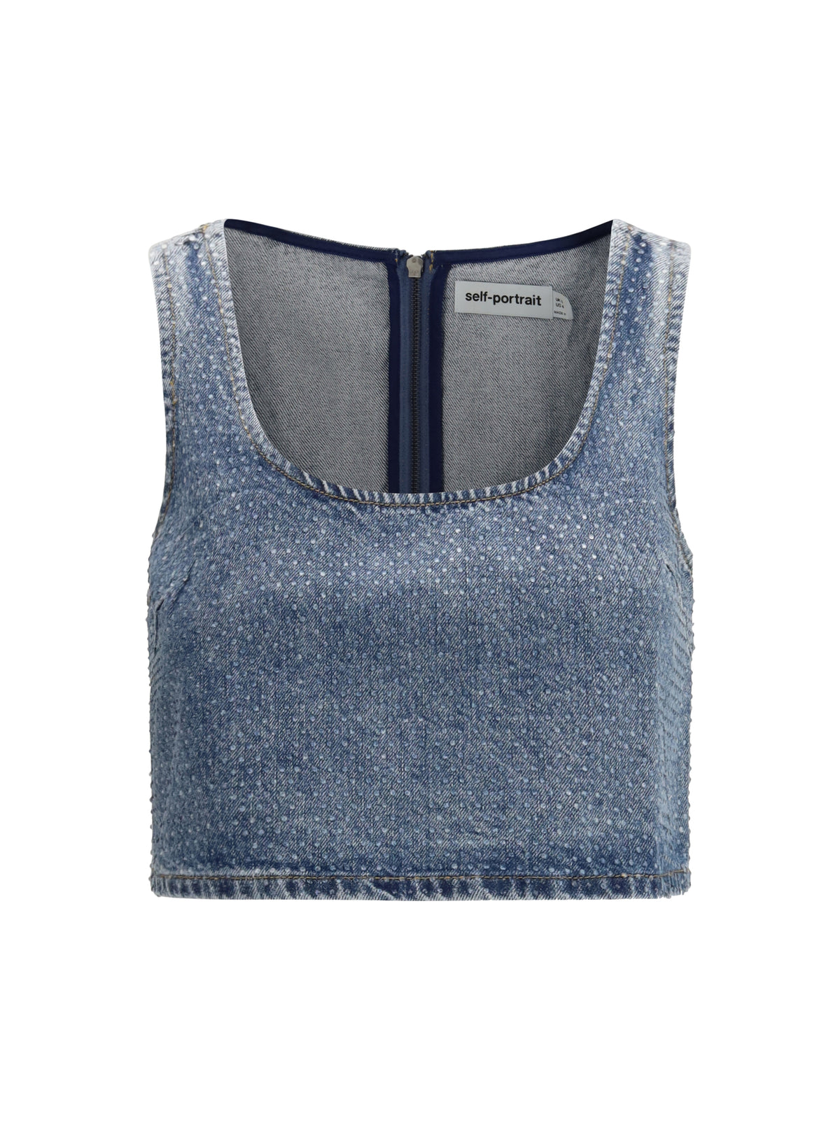 Self-Portrait Rhinestone denim crop Top - Blue