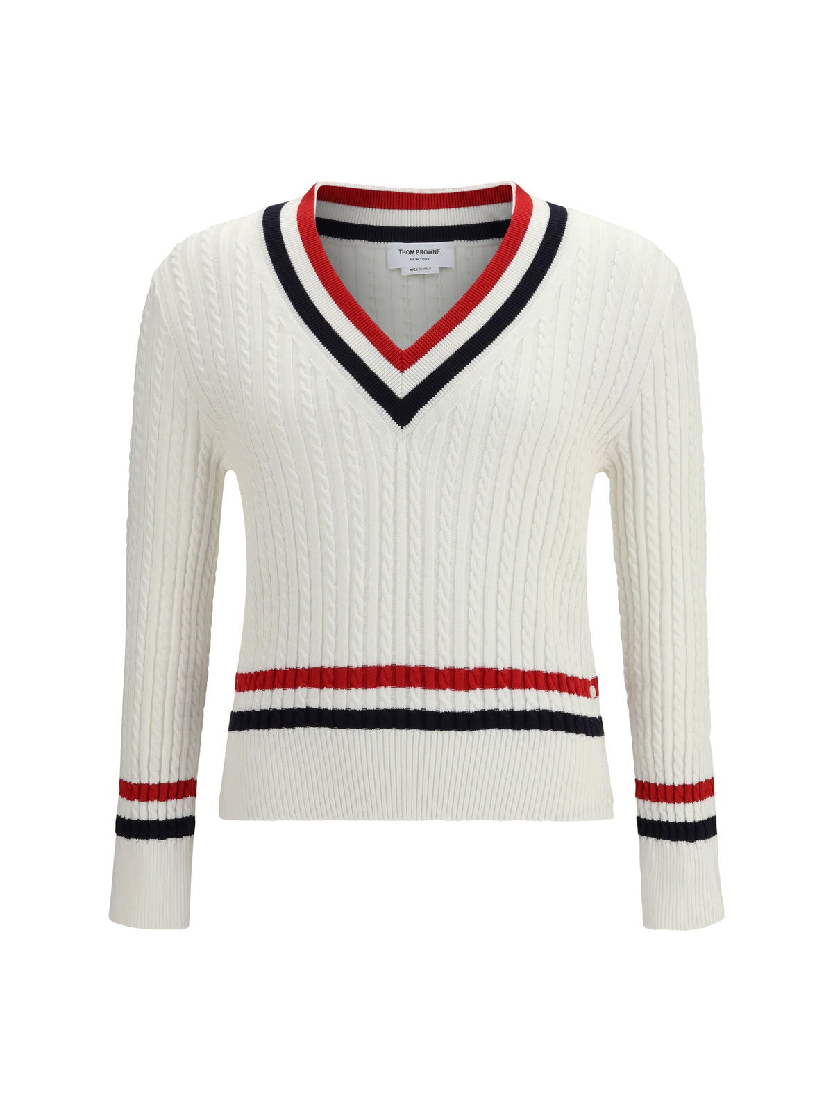 Thom Browne Intarsia cable-knit V-neck Sweater - White
