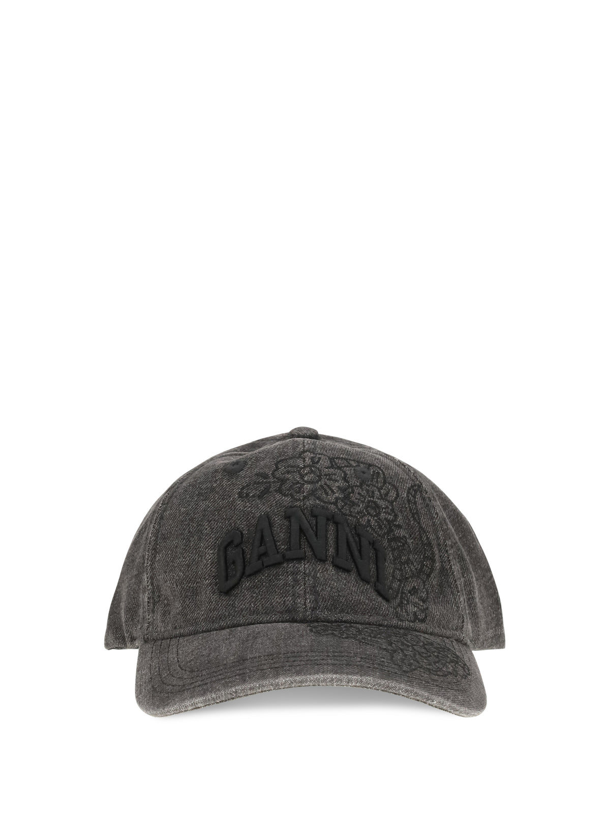 Ganni Baseball Cap in embroidered denim - Black Washed