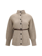 Brunello Cucinelli High neck Cardigan with belt - Brown