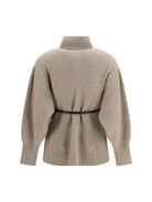 Brunello Cucinelli High neck Cardigan with belt - Brown
