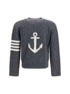 Thom Browne V-neck Sweater with Anchor embroidery on the back - Med Grey