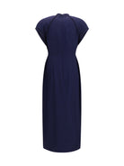 Alessandra Rich Silk midi Dress with buttons and contrast piping - Navy Blue